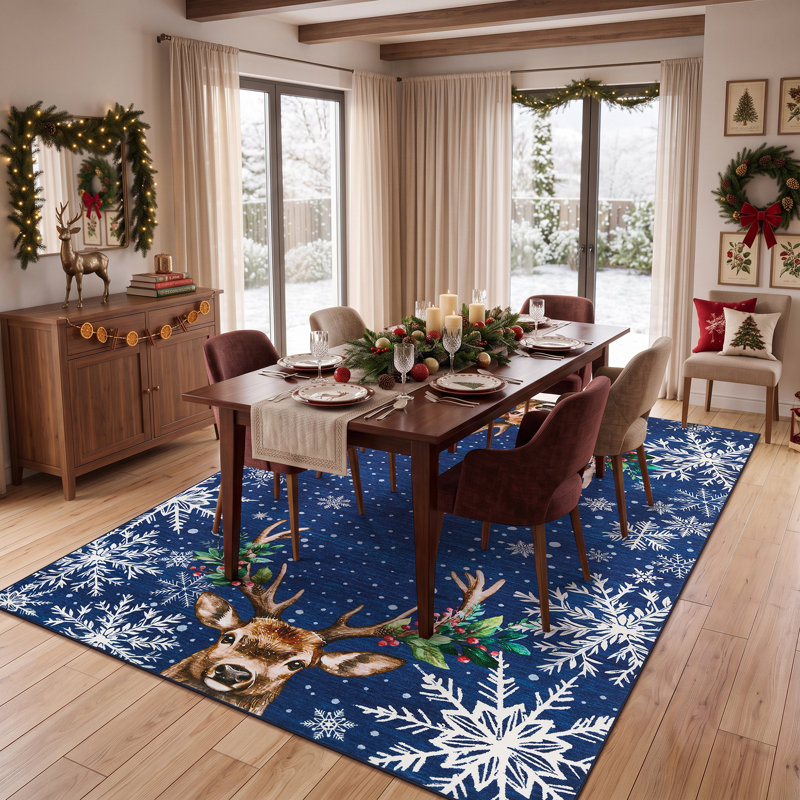 Tapis de Noël à motifs de rennes et de flocons de neige, antidérapant, antitache, lavable à la machine, pliable, idéal pour la décoration intérieure des fêtes de fin d'année.