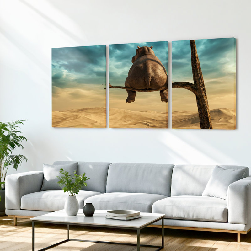 Ensemble de 3 tableaux sur toile tendue représentant un hippopotame sur une branche d'arbre dans un ciel désertique, 2436