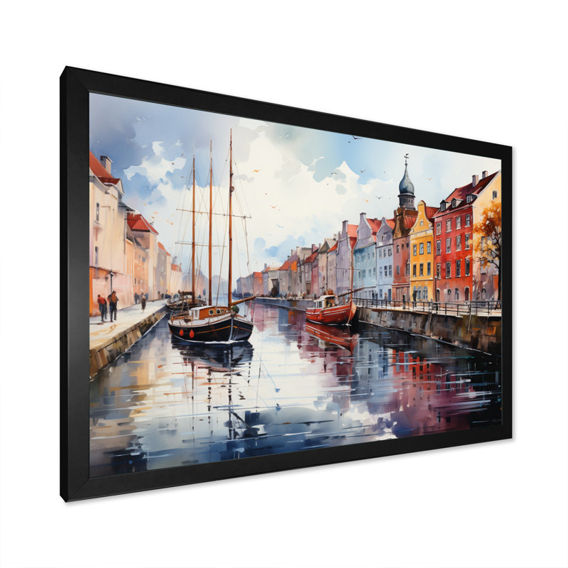 «Danemark Canal Promenade I», reproduction sur toile, H 16 po x l 32 po x P 1 po, Cadre photo noir