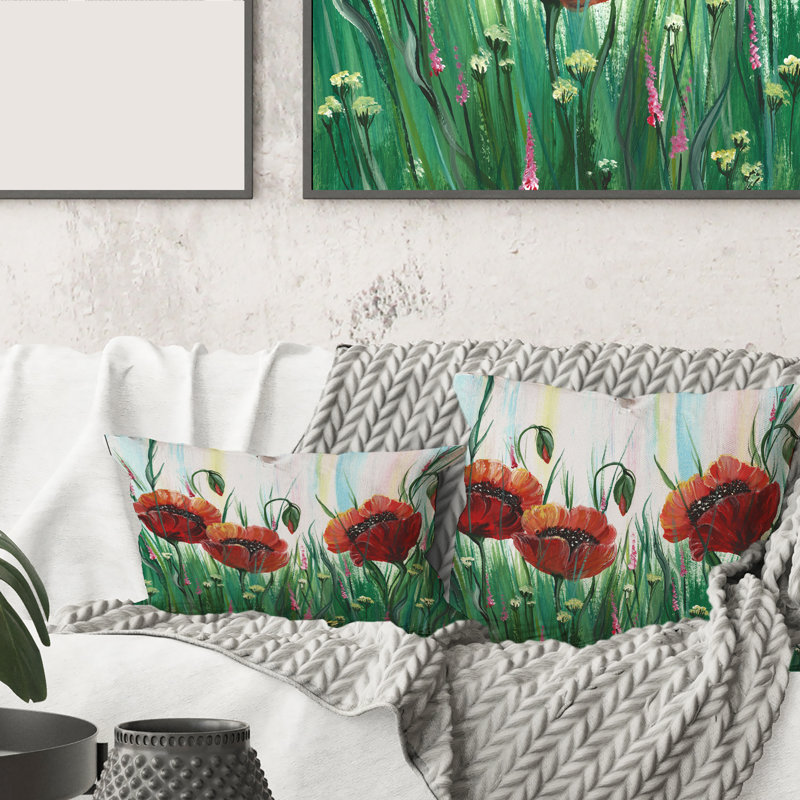 Housse et insert de coussin carré vif fleurs de pavot vives, 18" x 18"