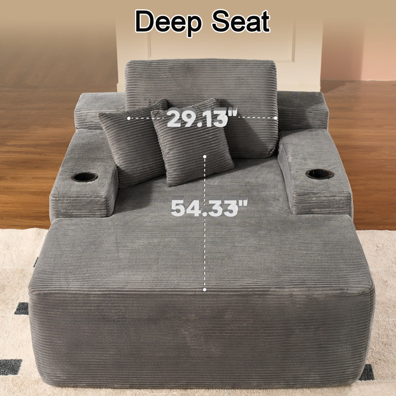Méridienne surdimensionnée rembourrée de 66,78 po avec coussin Nathasa, Velours côtelé gris