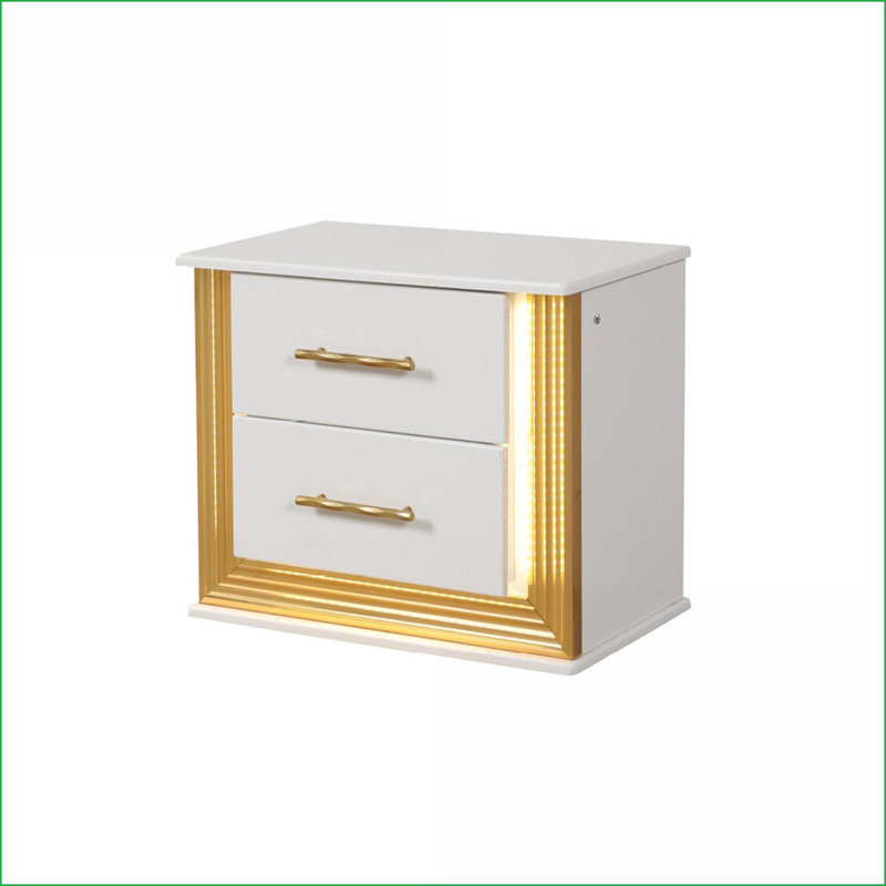 Table de chevet contemporaine à 2 tiroirs en bois avec finition dorée