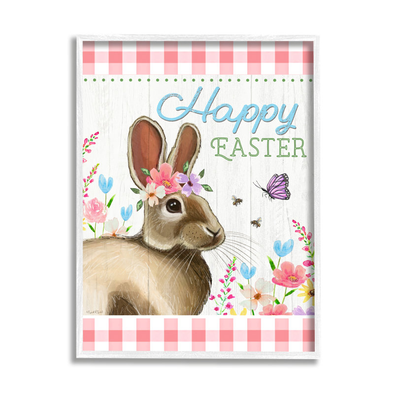 Joyeuses Pâques, lapin vichy floral, estampe numérique encadrée par Elizabeth Tyndall, H 20 po x l 16 po x P 1,5 po
