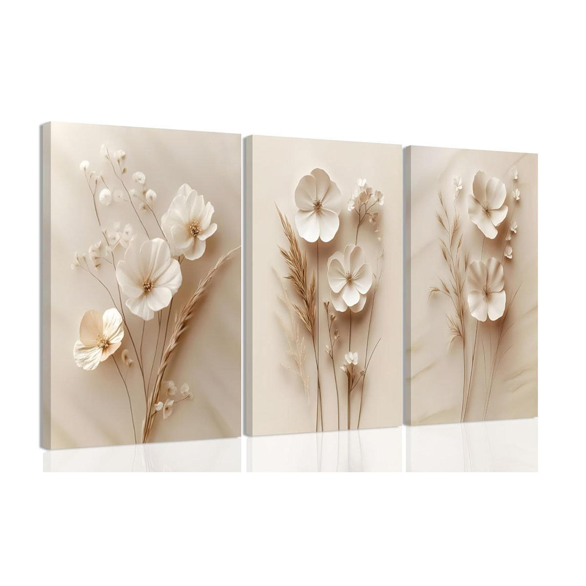 Ebern Designs 3Pcs Framed Neutral Beige Floral Canvas Wall Art Modern ...