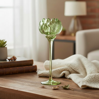 Haight 10" Glass Tulip Bloom Candle Holder Green