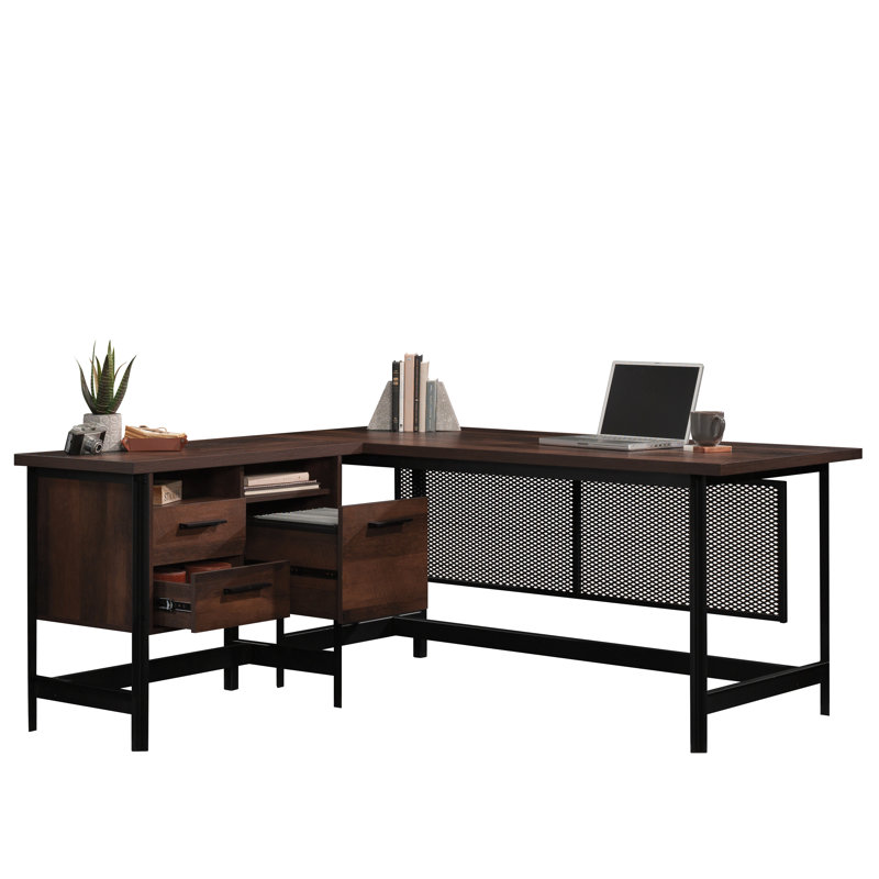 Industrial L-Shaped Computer Desk, Brown Finish