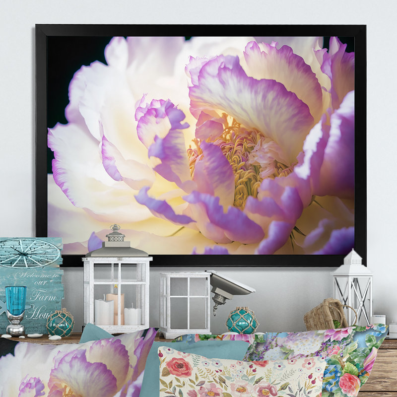 «Blossoming Pink and White Peony III», reproduction sur toile, H 12 po x l 20 po x P 1 po, Toile avec cadre photo noir