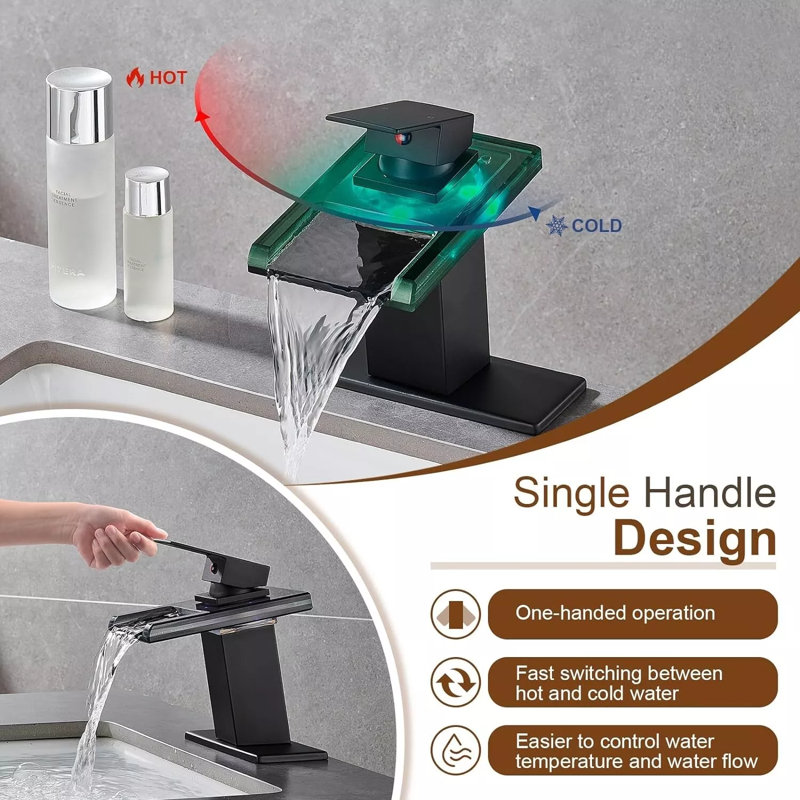 Robinet de lavabo de salle de bain à DEL, robinet de meuble-lavabo monotrou noir mat