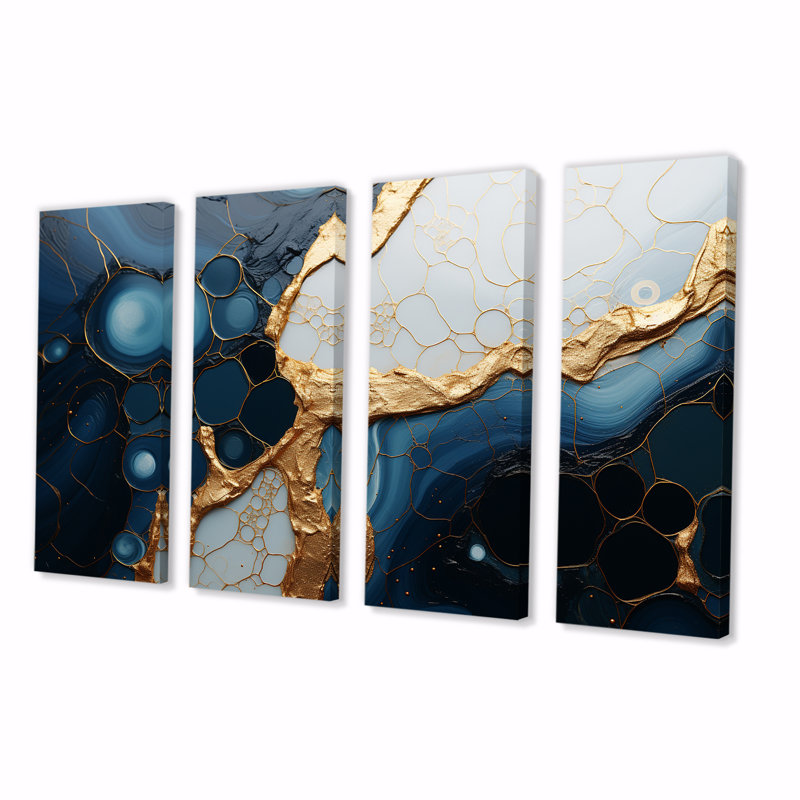 Ensemble de 4 décorations murales en marbre doré et bleu Essence Magic II - Abstrait marbre, H 28 po x l 48 po