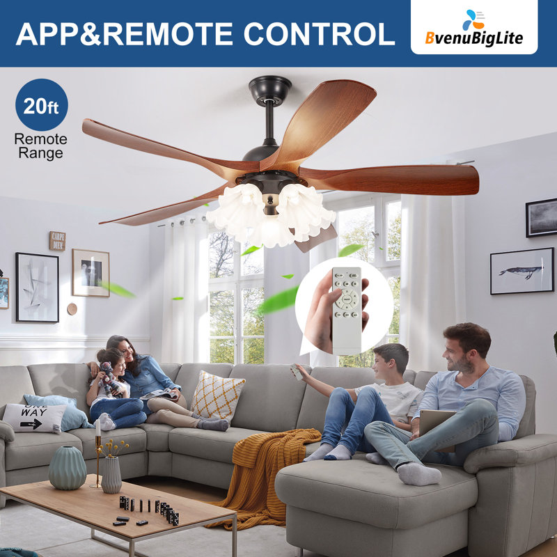 Ventilateur de plafond moderne à 5 pales de 46 po en noyer avec lumière 5 * E26 (sans ampoule), abat-jour floral, télécommande, 6 vitesses, flux d'air réversible, réglable en hauteur pour le salon de la chambre à coucher