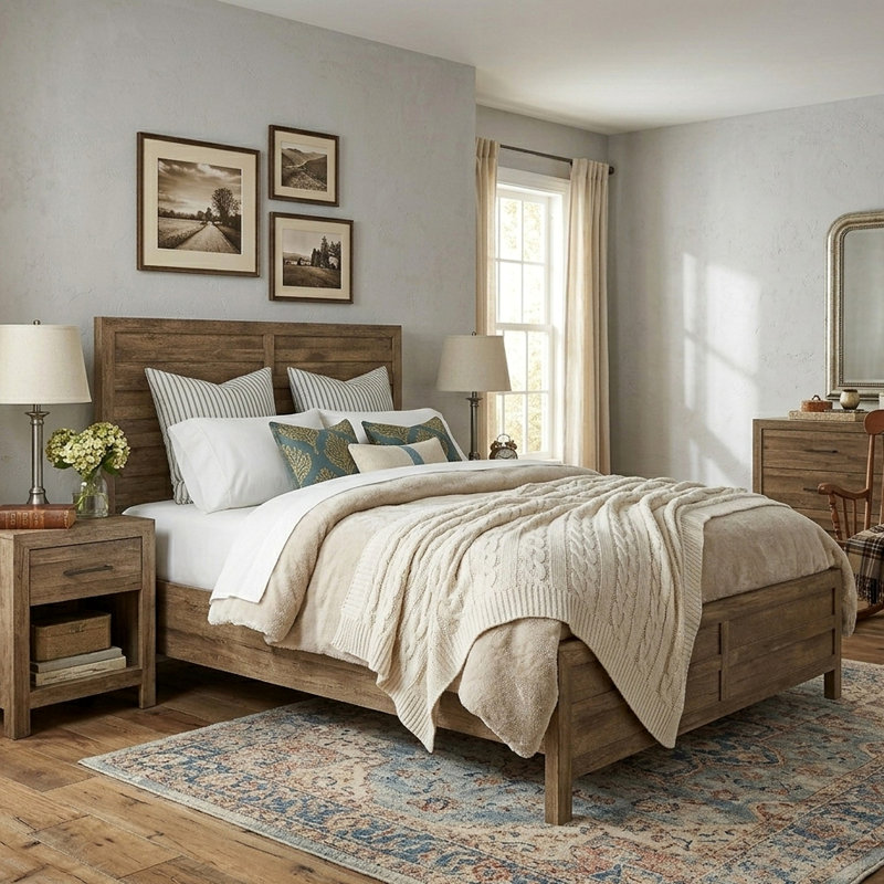 Queen Bed Frame with Panel Headboard, Brown