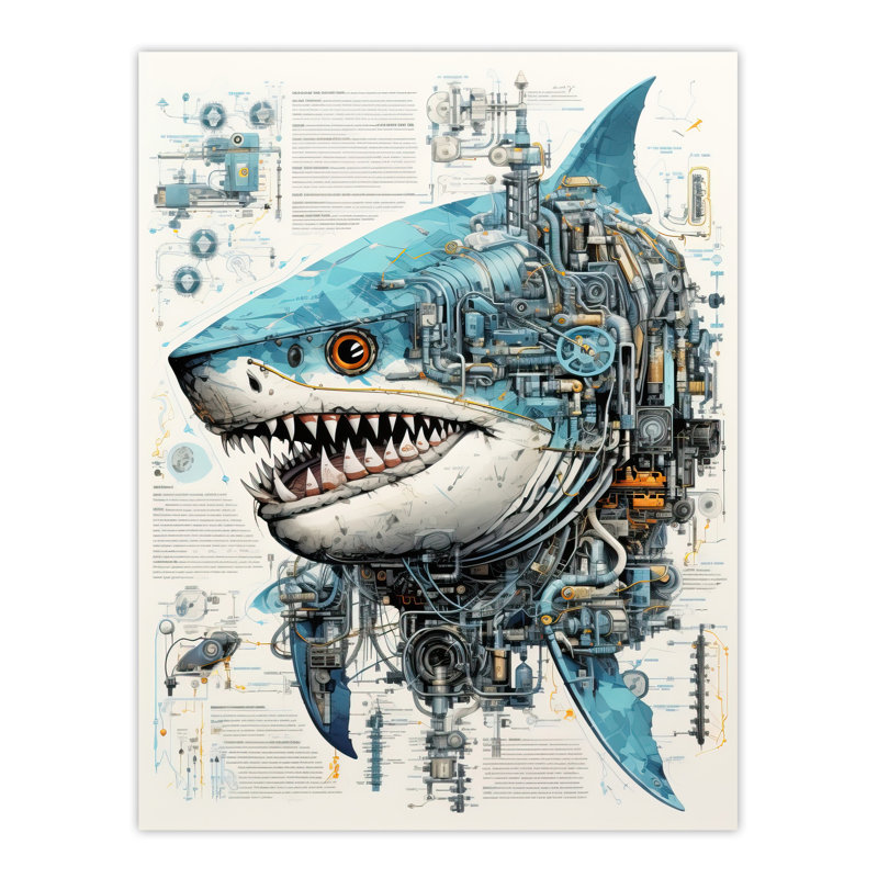 Wall Art Print Weapons Grade Shark Robot Hybrid Secret Military Schematic Futuristic Complex Arcane Manuscript Gift For Cave Poster