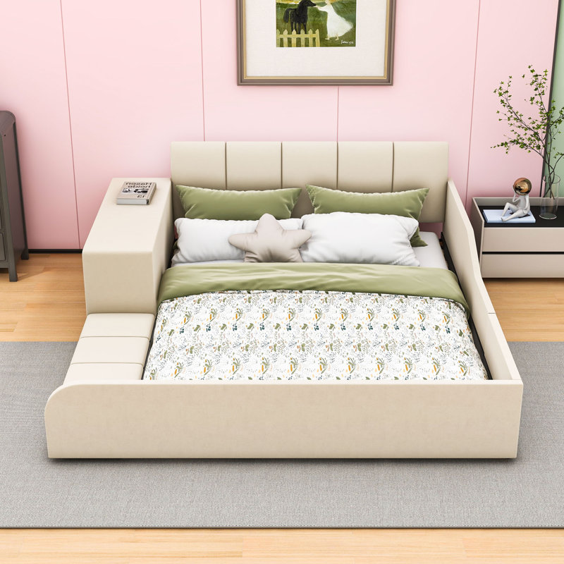 Lit plateforme tapissier luxueux en velours avec bureau, tabouret rond et rails de sécurité, Grand lit, Beige