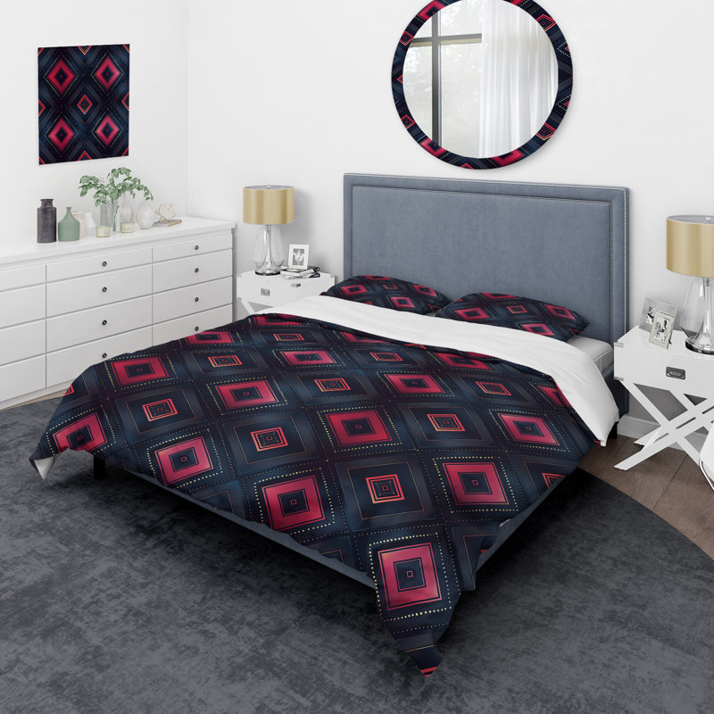 Ensemble de housse de couette à motif géométrique noir et rose, Housse de couette simple + 2 taies décoratives st