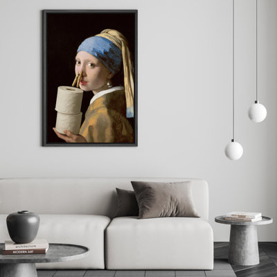 Girl with a Pearl Earring Holding Toilet Paper Picture, Humorous Art Parody Wall Art Print for Modern Bathroom or Gallery-Inspired Powder Room Decor