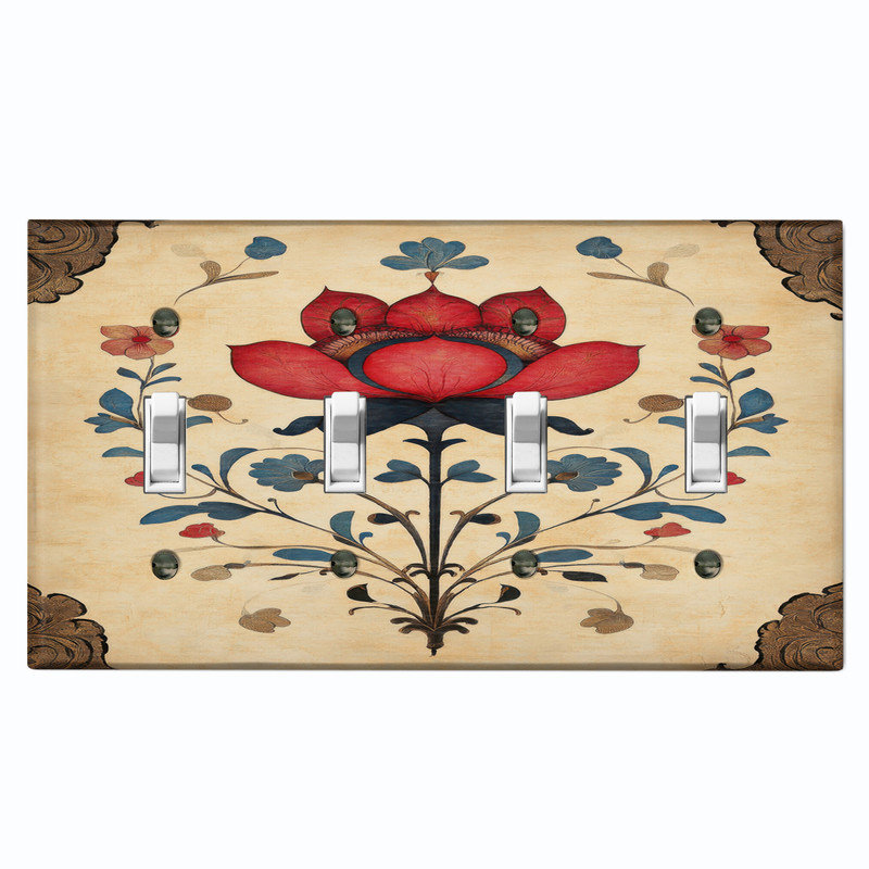 Couvercle de plaque d'interrupteur en métal; Bascule standard à 4 bandes US - fleur rustique, #4 Quad Toggle