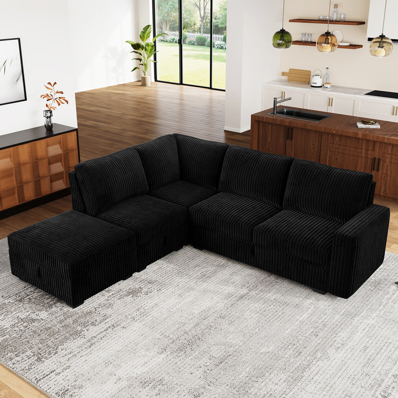 Canapé modulaire en L Brunella, Velours côtelé noir, H 35 po x l 87 po x P 84,2 po