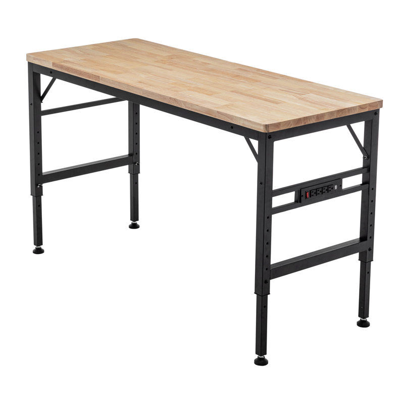 Adjustable Height Workbench, 60" Rubber Wood Top Heavy duty Workstation with Power Outlets, 2000 LBS Load Capacity Hardwood Worktable for Workshop, Garage, Office, Home