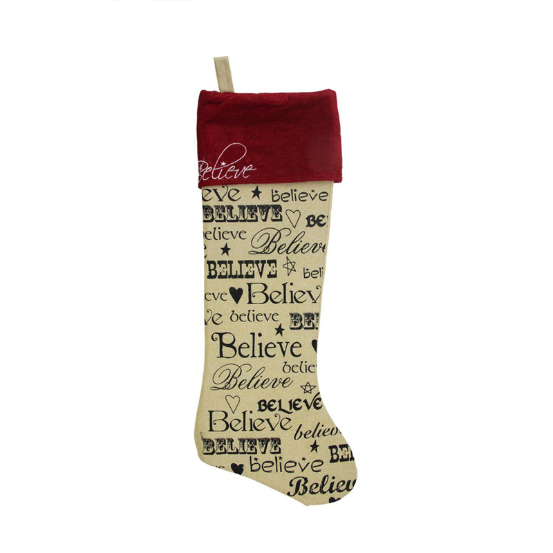 Chaussette de Noël en lin 24 po "Believe", Rouge noir