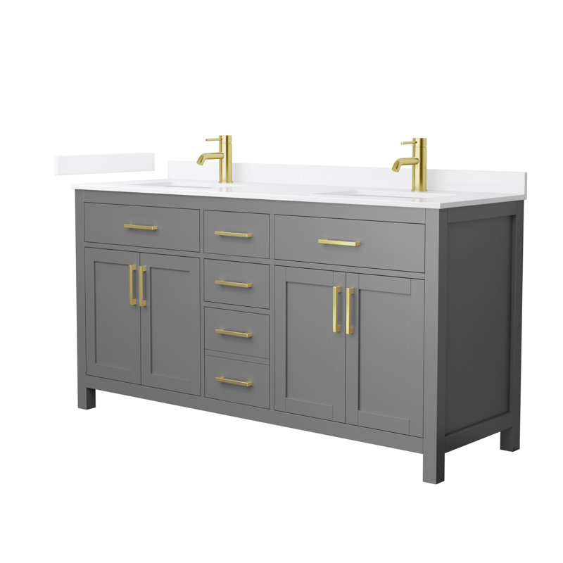 Beckett 66" Freestanding Double Bathroom Vanity with Quartz Top, Dark Gray, Brushed Gold, White Quartz