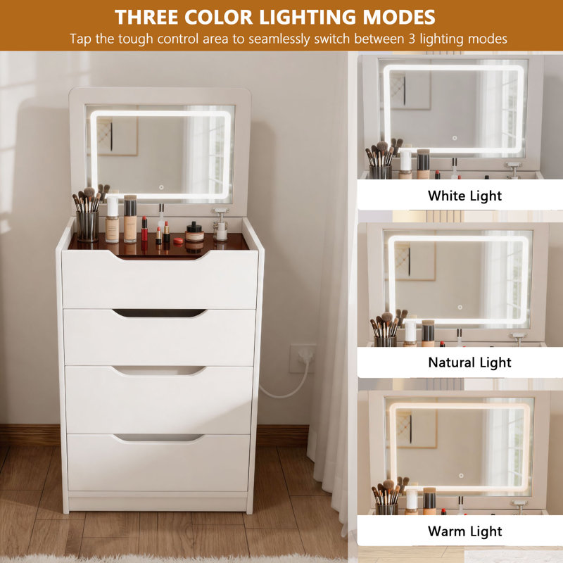 Multi-use Vanity Desk With Led Mirror, Storage Stool & Drawers, Convertible Makeup Dresser, Nightstand & Workstation For Bedroom, White