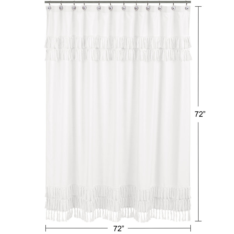 White Cotton Bohemian Shower Curtain with Tassel Trim
