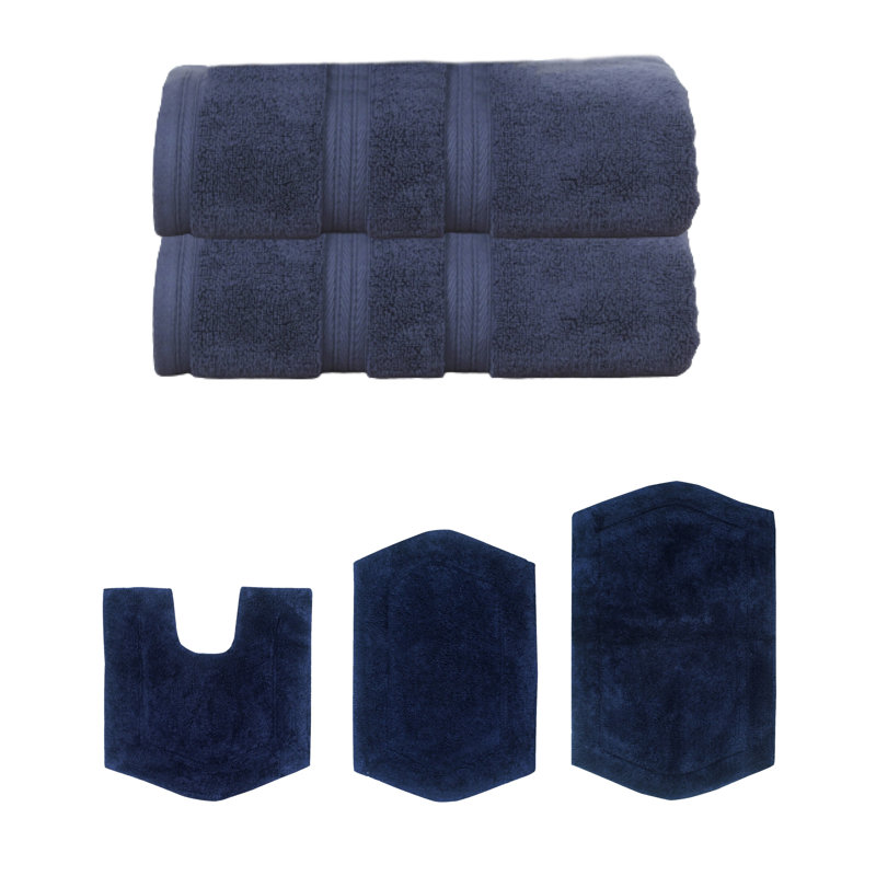 Bryd Collection 100% Soft Cotton 2 Pc Bath Towel Set & 3 Pc Bath Rug Set, (Set of 5), Navy Blue
