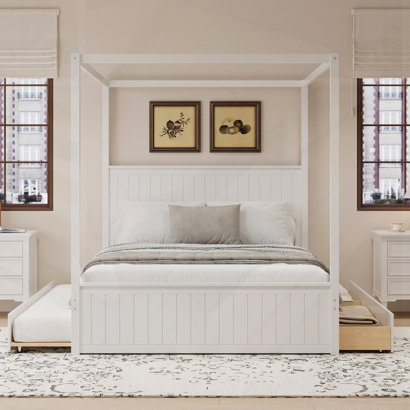 Modern Queen Size Canopy Platform Bed, White