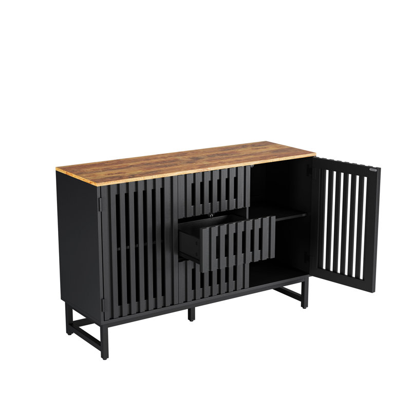 Commode 3 tiroirs et 4 tablettes avec grille à lattes et portes rayées, commode de style moderne, panneau de fibres à densité moyenne de haute qualité et pieds en métal