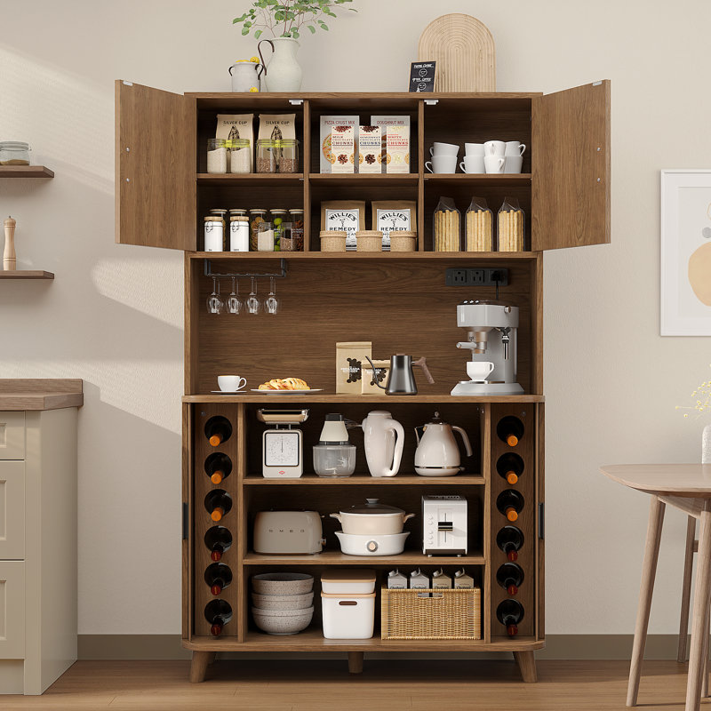 Armoire de cuisine autoportante de 71 po de hauteur, armoire de rangement en bois avec tablettes réglables, buffet avec support à vin, station de charge intégrée et armoire à café pour la cuisine et la salle à manger