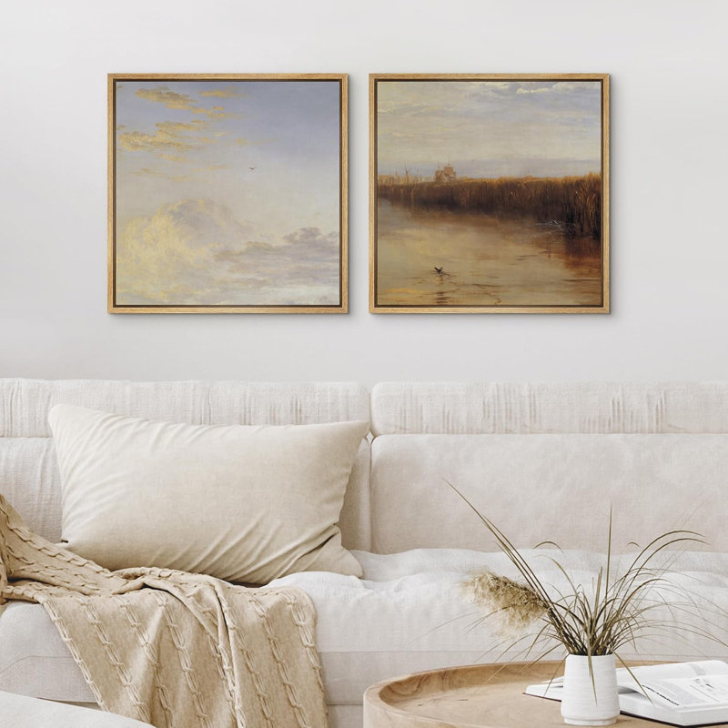 Ensemble de 2 pièces de nuages, ciel et rivière, H 16" x l 16", Natural Floater Framed