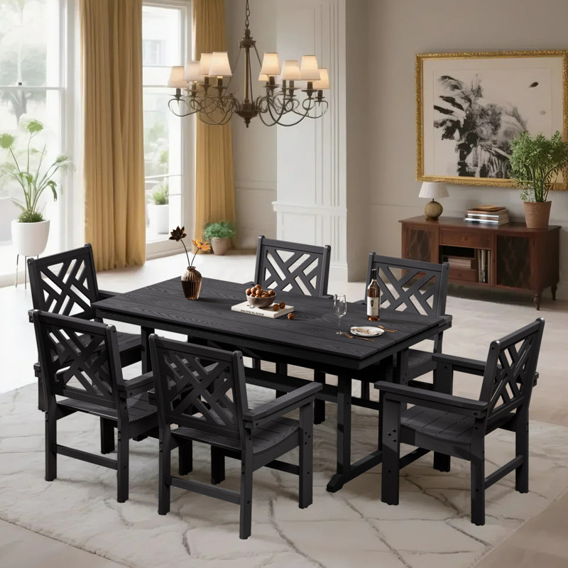 Outdoor Patio Dining Set All Weather HDPE Dining Set Poly Dining Set Rectangular Table  6 - Person, 6, Black