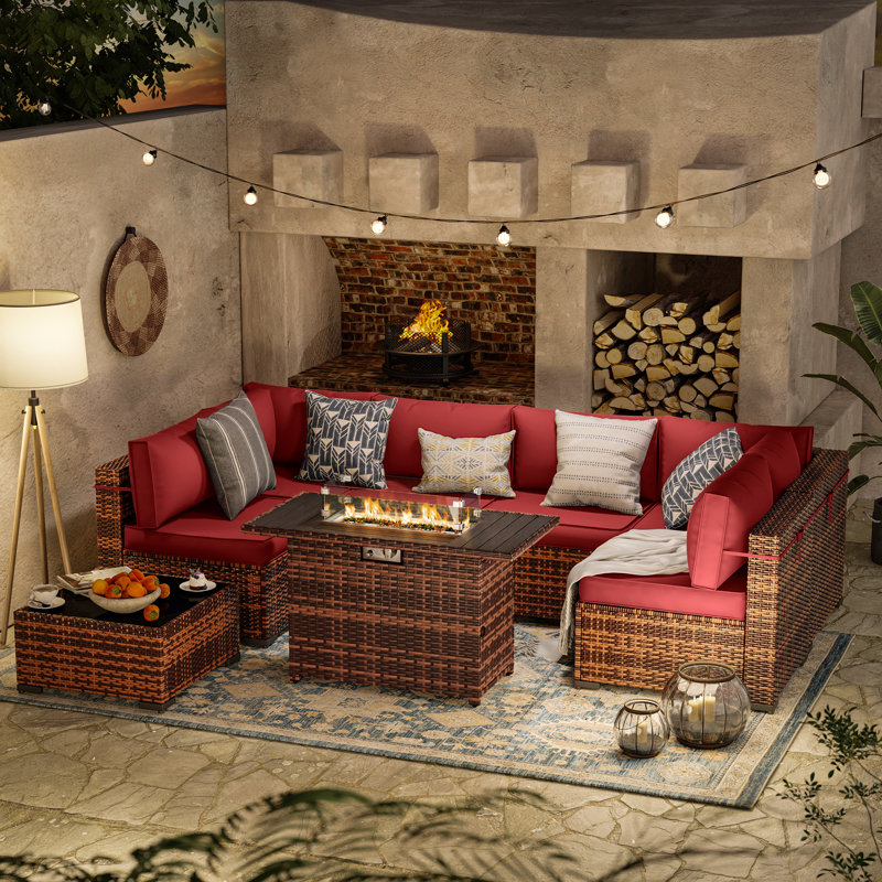 Romanas 8 Piece Patio Conversation Sets With Fire Pit Table, Burgundy