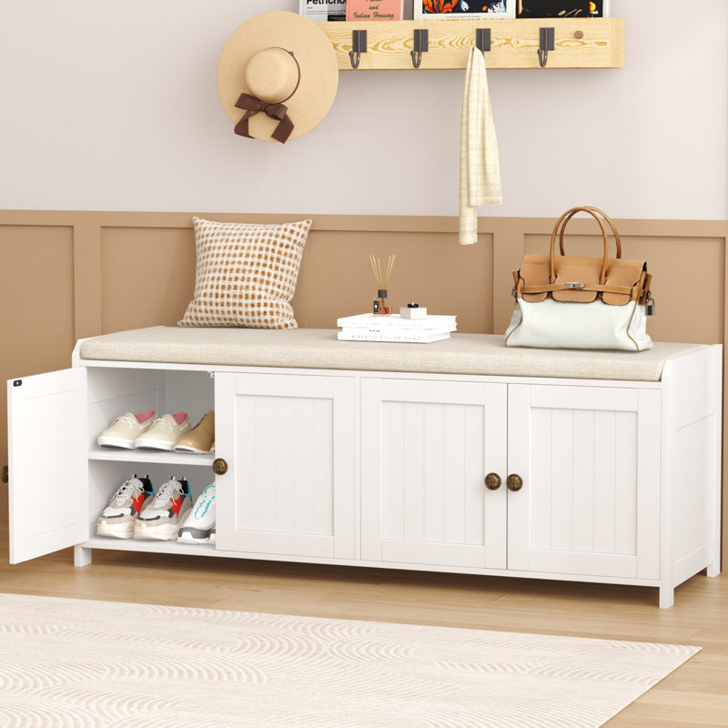 Linen Blend Upholstered Storage Bench, White