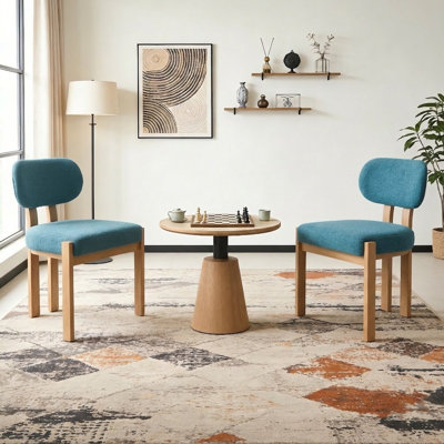 Modern Minimalist Set of Two Chenille Fabric Upholstered Dining Chairs with Solid Rubberwood Frame Legs