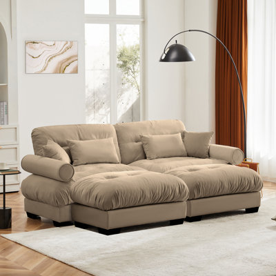 Over Size Modern Two-Seater Sofa With Ottoman, Velvet 2-Seater With Round Bolster Armrests,With Waist Pillow And Throw Pillows,Reading Room , Loft And Bedroom