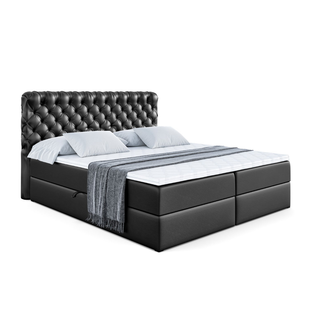 Boxspringbett Riggins in Kunstlederoptik mit H4 Multipocket-Matratze, Bettkasten und Topper