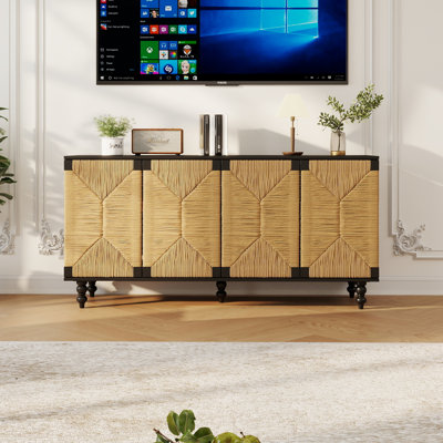 Accent Natural Sideboard Buffet Cabinet Storage Wood TV Stand With Wire-Brushed And Seagrass Doors Sideboard For Hallway, Entryway, Or Dining Room