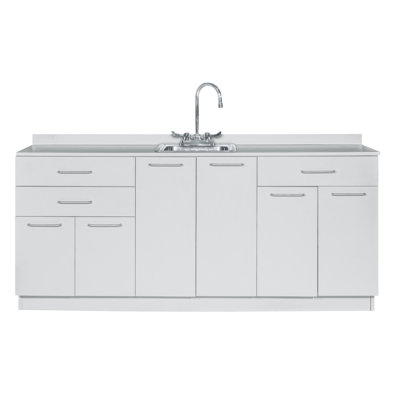 Meuble de cuisine médical bas de 72 po L, prêt à assembler, avec évier central, 6 portes, 4 tablettes réglables et 3 tiroirs.