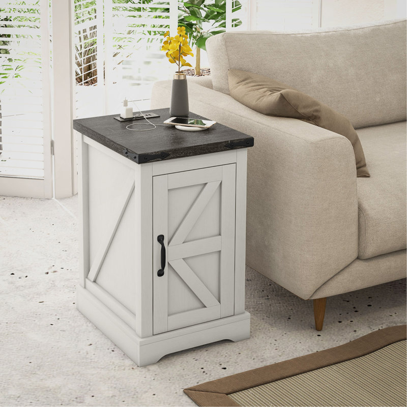 End Table with Charging Station and USB Ports, Farmhouse Side Table with Storage Cabinet for Living Room,wood