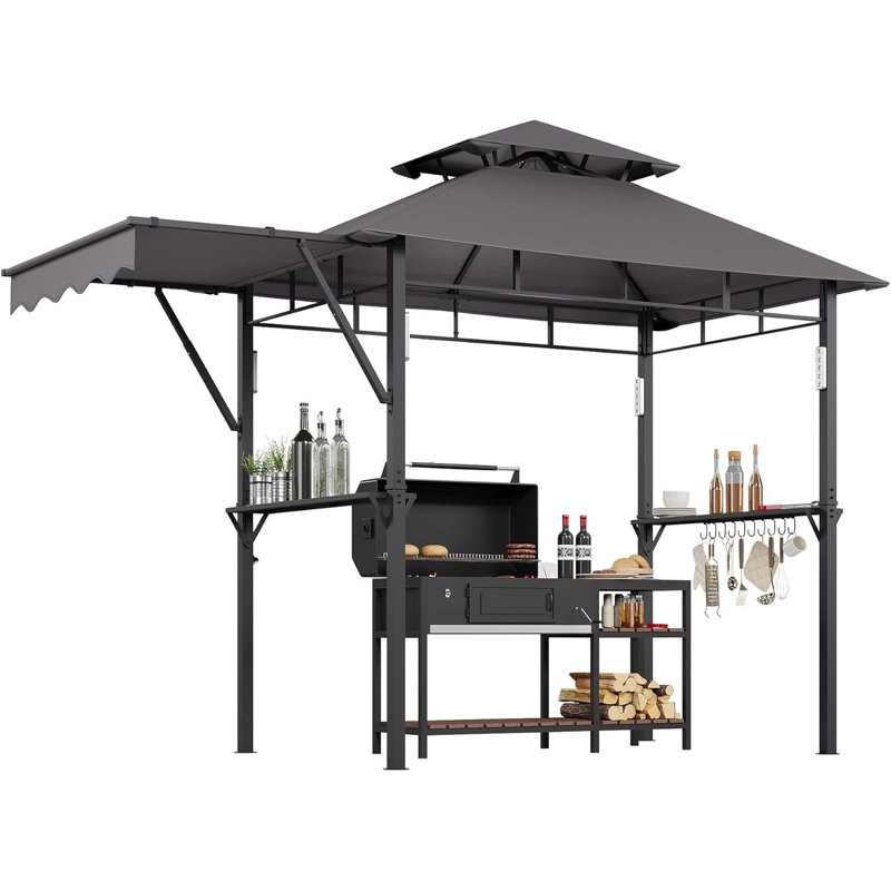 8x5 ft Double-Tier Grill Gazebo with Side Awning Shelf, 4 LED Lights, 10 Hooks & Bottle Opener, Heavy Duty Steel Frame for Patio, Backyard, Garden, Picnic