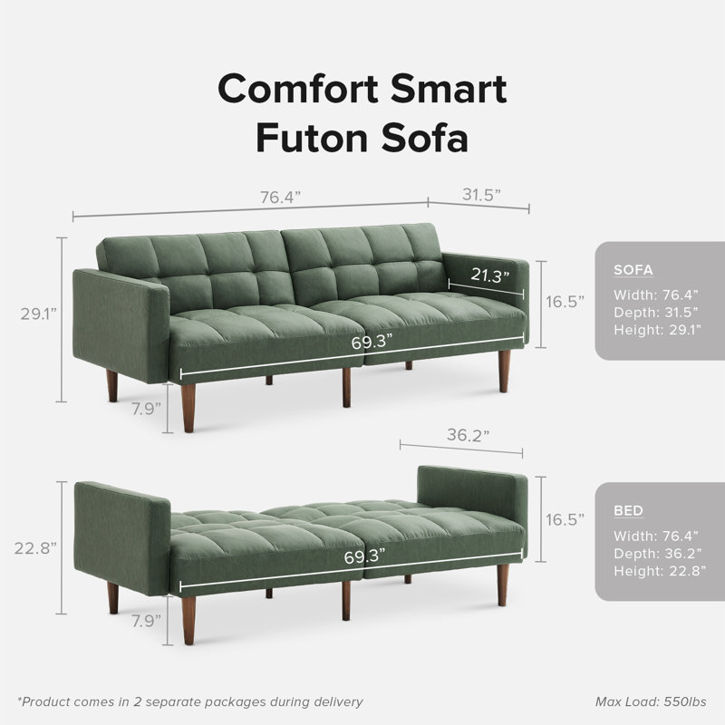 Reiana Twin 76.8'' Faux Leather Convertible Sofa, Sage Green Faux Leather