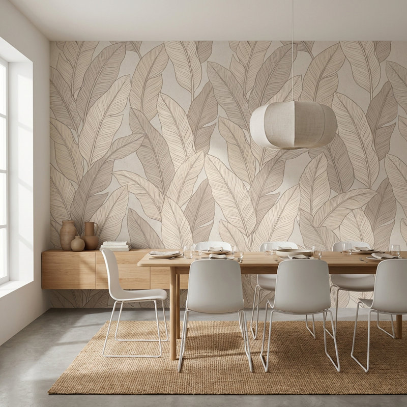 Papier peint à feuilles beige, décoration murale minimaliste moderne, 100 po x 96 po, Peler et coller