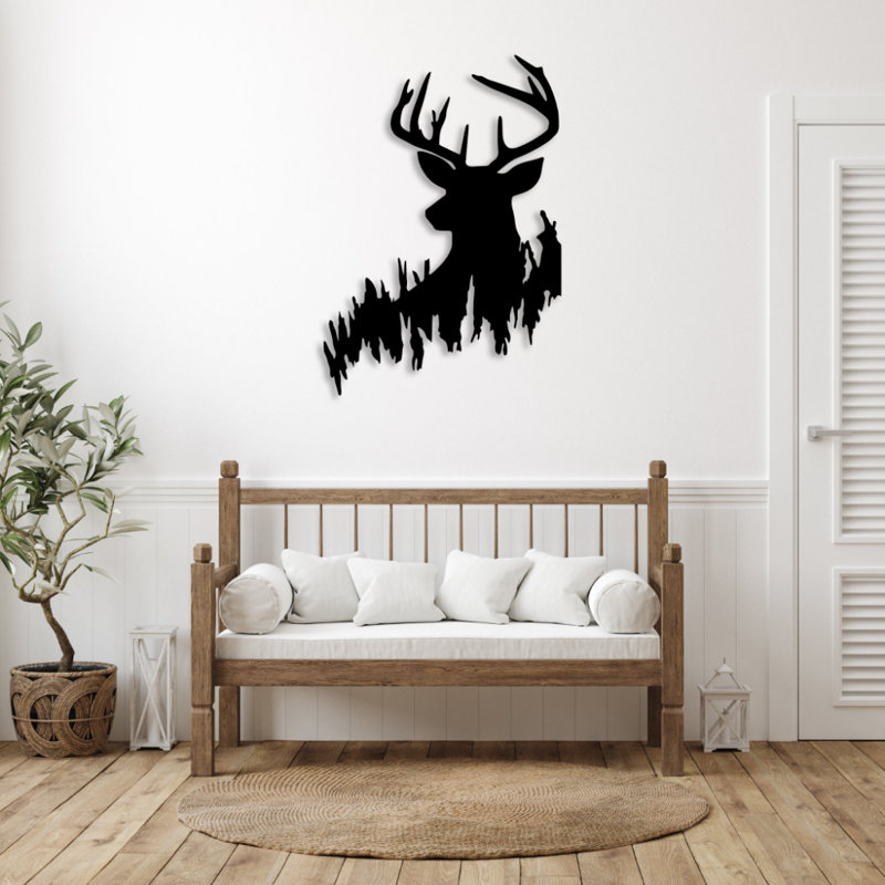 Art mural en métal cerf dans les bois - décor de scène de forêt sauvage - silhouette de cerf, conception naturelle - chalet rustique suspendu - sculpture en métal industrielle moderne - décoration intérieure aventure en plein air - pièce d'art remarquable