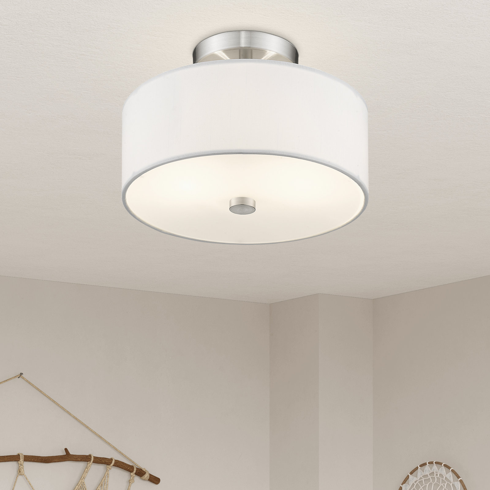 Flaire 2 Light Fabric Semi Flush Mount, Brushed Nickel, 7.75" H x 13" W x 13" D