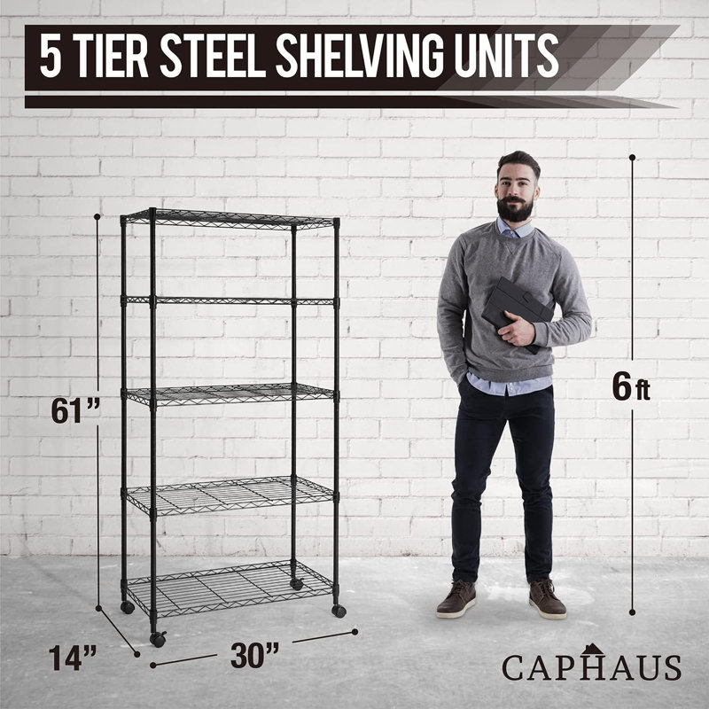 5-Tier Adjustable Wire Shelving Unit with Wheels, Black Metal Storage Rack for Garage, Pantry, Basement & Utility Storage