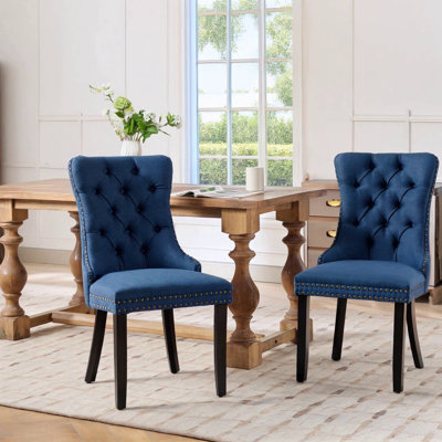 High-End Tufted Solid Wood Contemporary Flax Upholstered Linen Dining Chair With Wood Legs Nailhead Trim 2-Pcs Set