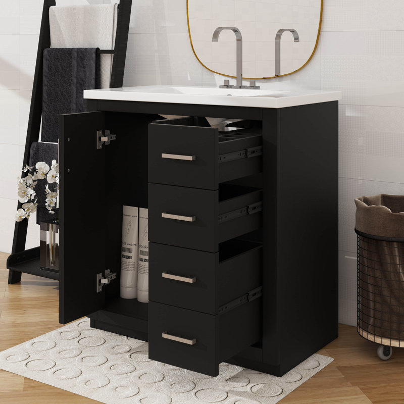 Meuble-lavabo de 30 pouces avec lavabo en céramique intégré et 3 tiroirs à fermeture silencieuse, Noir, Argent argent
