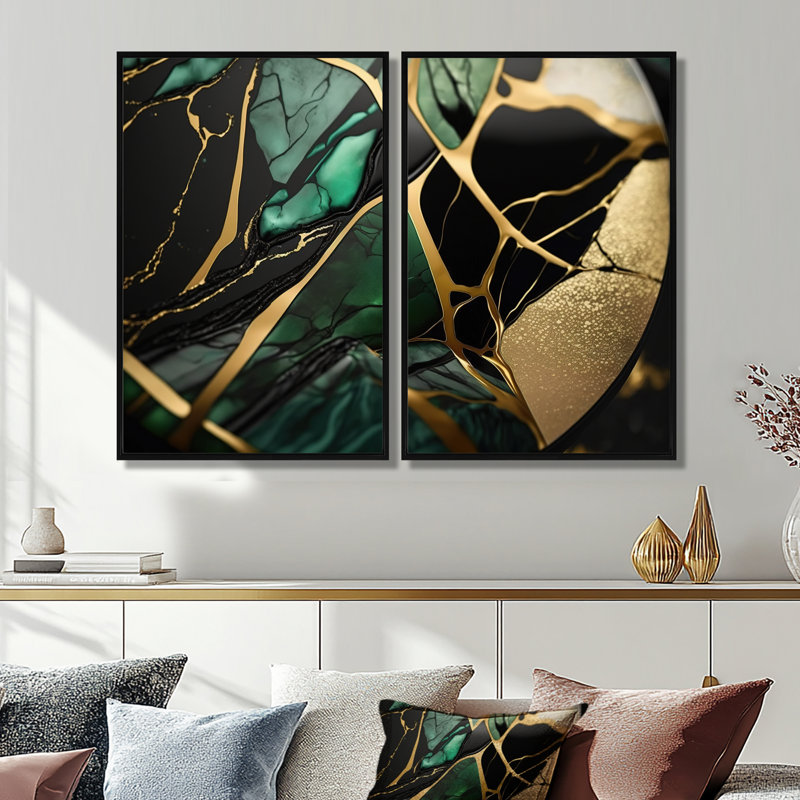 «Abstract Geode Green III», reproduction d'art moderne sur toile, 36" H x 48" W, Impression encadrée flottante, Black