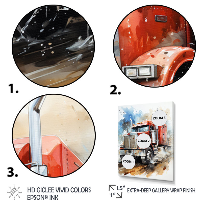 Red Semi Truck Heavy Duty I - reproduction sur toile, H 32 po x l 16 po x P 1 po, Cadre photo blanc